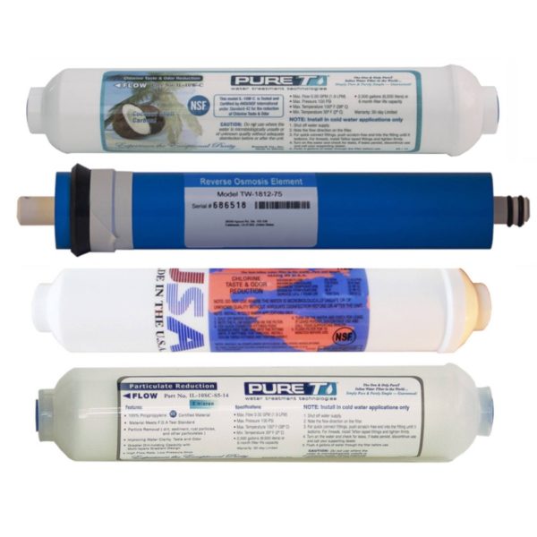 4 Filter Set for 4-stage Basic Countertop RO Systems, including Sediment, T28, 75 or 150 GPD membrane, and T33 inline filter cartridges