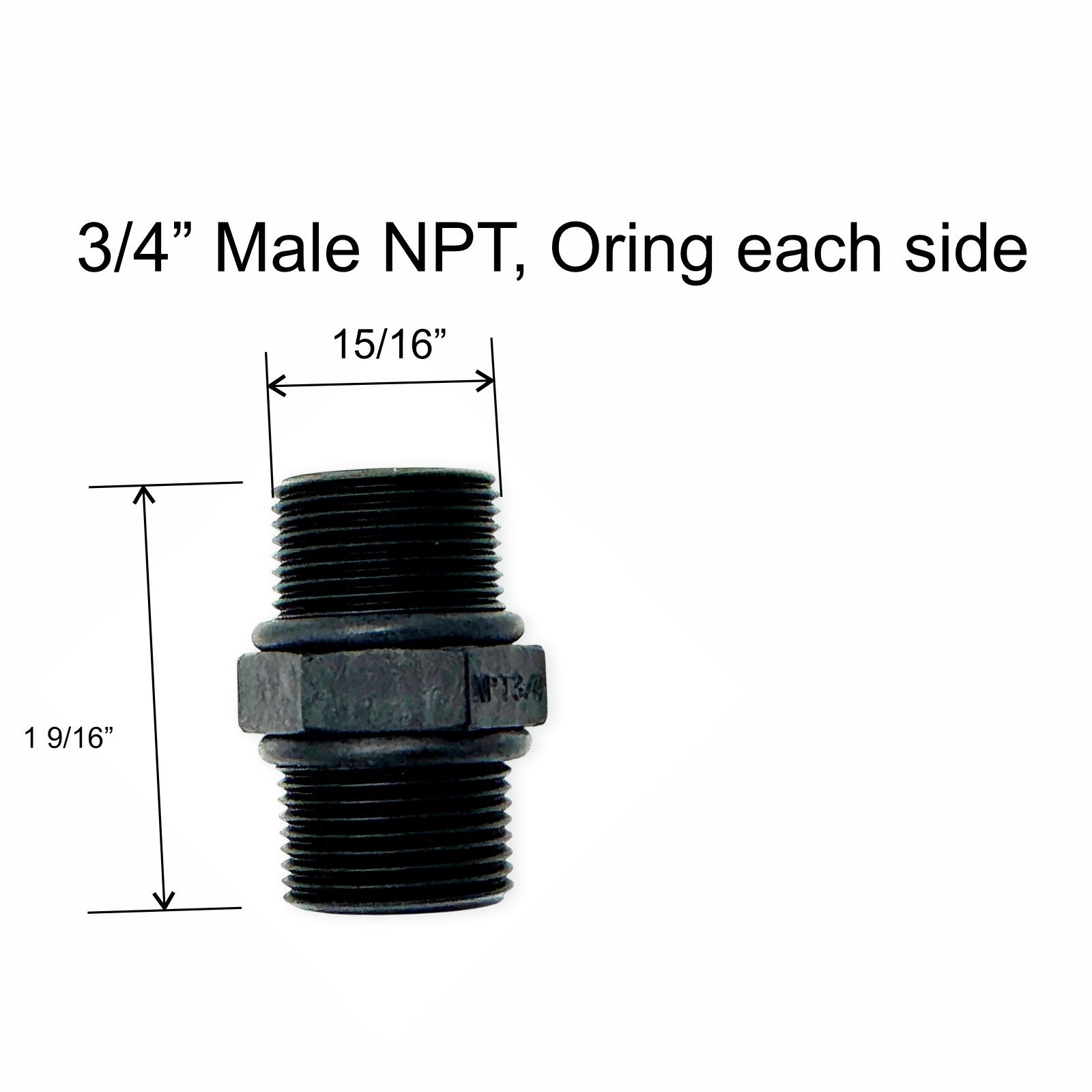 Plastic Union Nipple Connector – 3/4″ MNPT × 3/4″ MNPT with O-Rings - Image 2