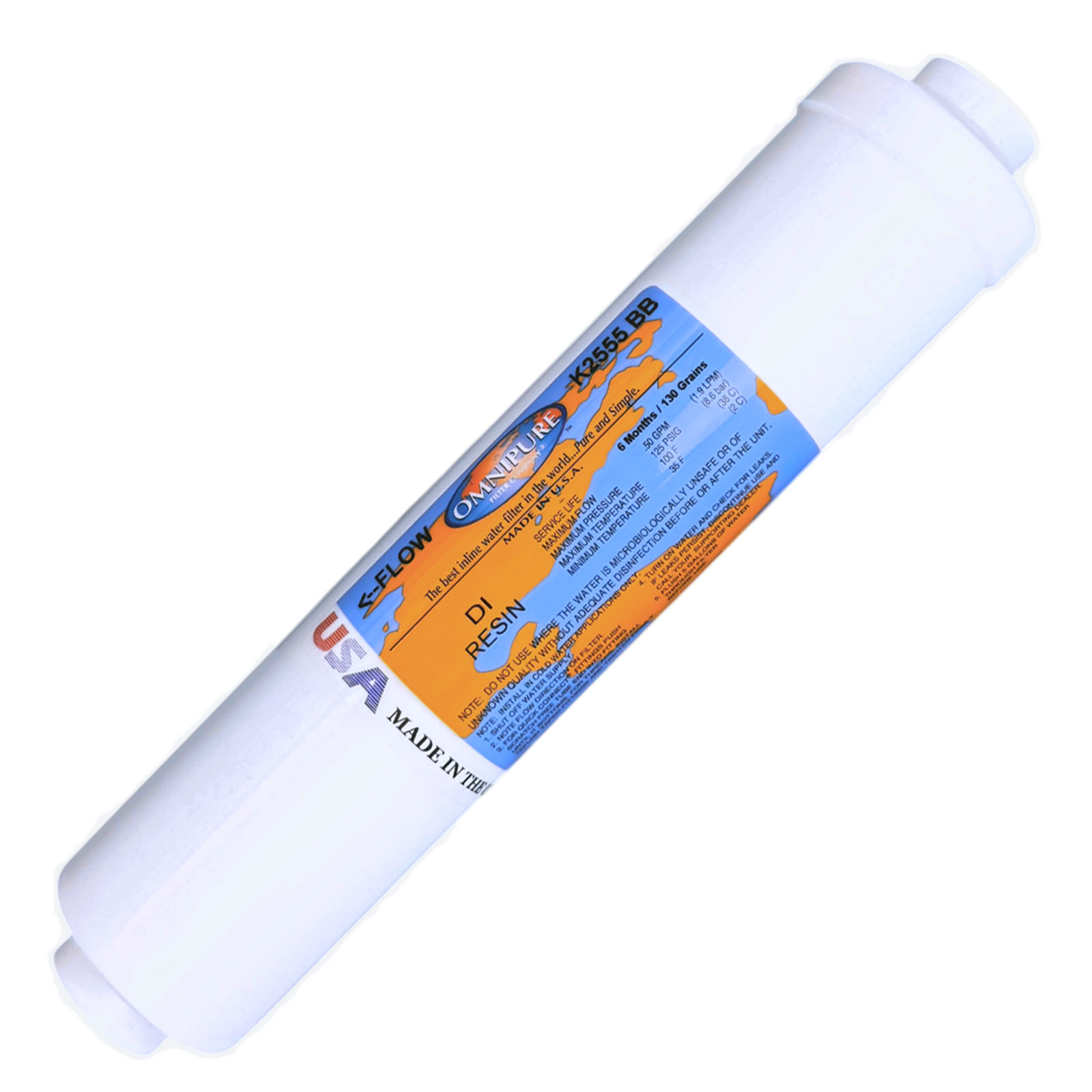Inline Omnipure DI Mixed-Bed Filter (K2555) — NSF, USA-Made, 10″ × 2″, 1/4″ & 3/8″
