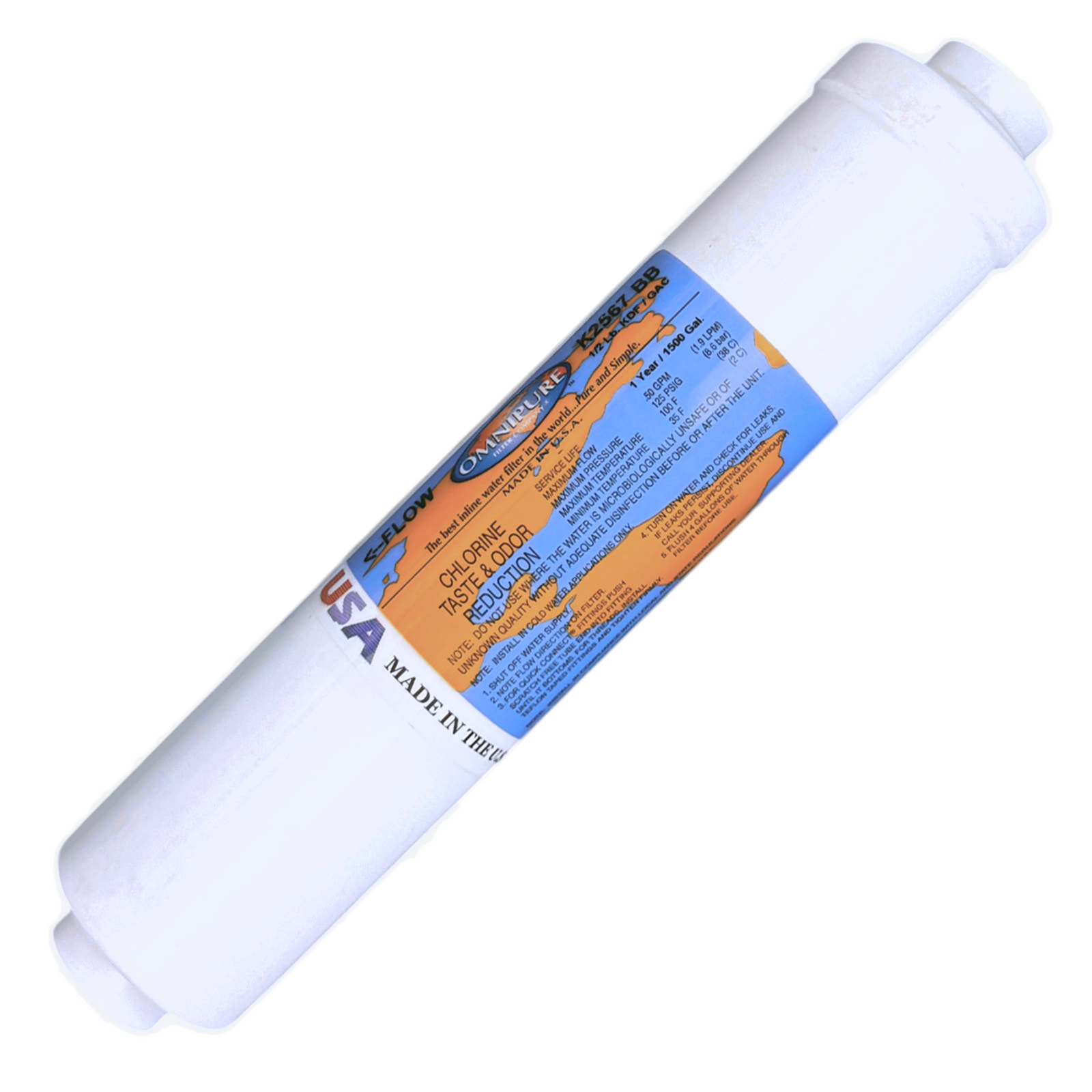 Inline Omnipure GAC T33 + KDF-55 Filter — NSF, USA-Made, 10″ × 2″, 1/4″ & 3/8″