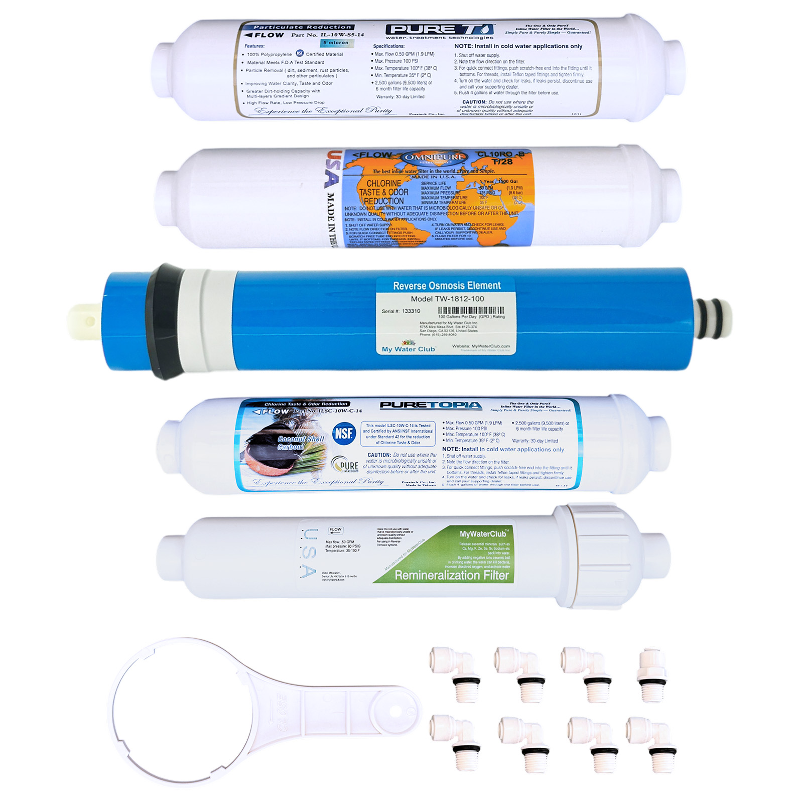 5-Filter Replacement Set for 5-Stage Alkaline MyWaterClub Countertop RO System | Sediment + T28 + 100/150 GPD RO Membrane + T33 + 3-in-1 Alkaline