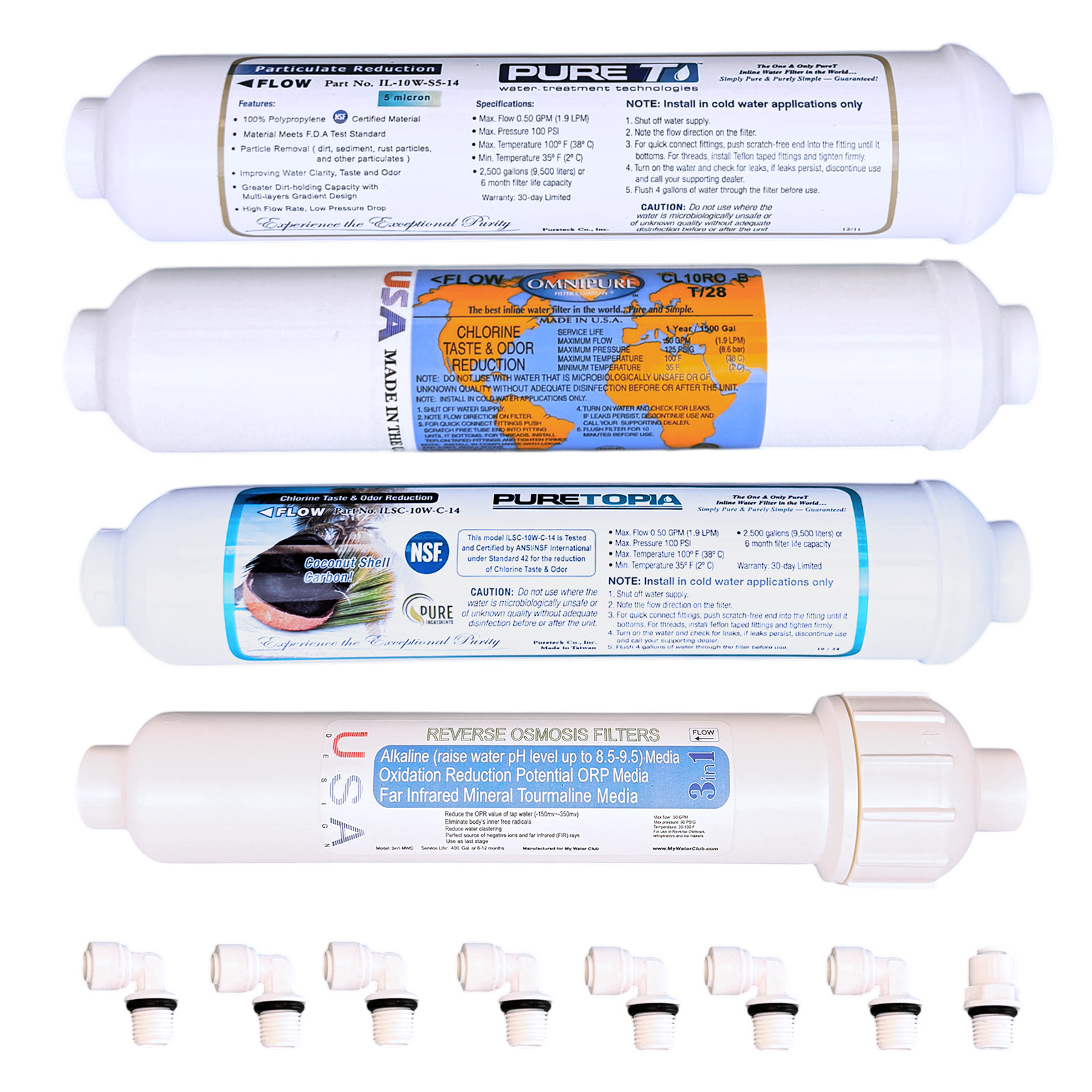 Annual 4-filter replacement set (no membrane) for the 5-Stage Alkaline MyWaterClub countertop RO system. Includes the 3-in-1 alkaline stage, or add the pre-assembled option with a fresh RO membrane