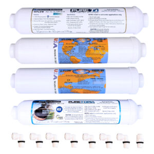 Annual 4-filter replacement set (no membrane) with DI stage for the 5-Stage Ultra-Pure MyWaterClub countertop RO system. Sediment + carbon + DI, or add the pre-assembled option with a new RO membrane.