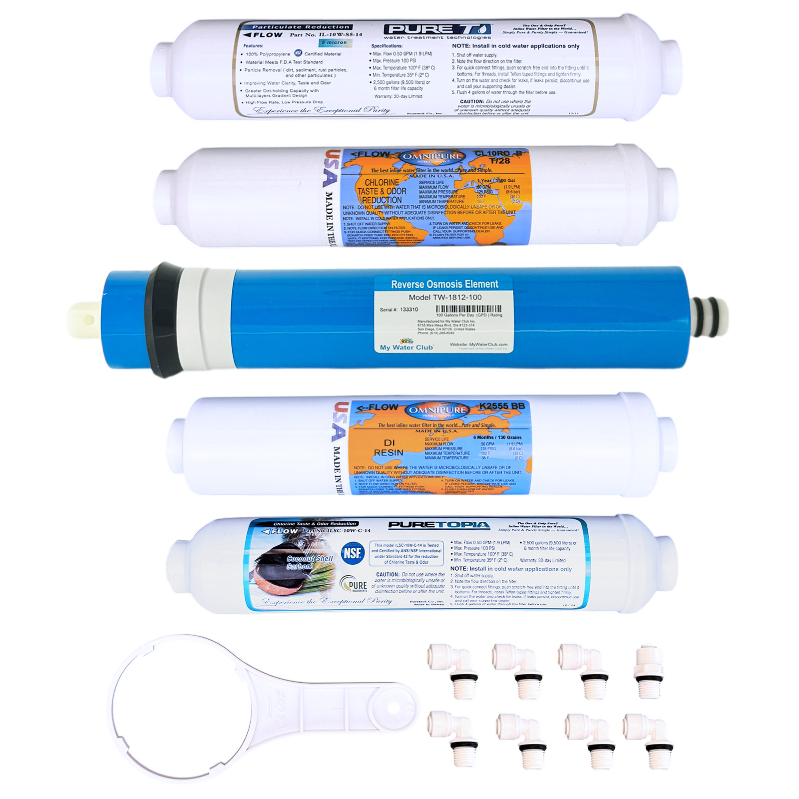 5-Filter Replacement Set for 5-Stage Alkaline MyWaterClub Countertop RO System | Sediment + T28 + 100/150 GPD RO Membrane + T33 + 3-in-1 Alkaline