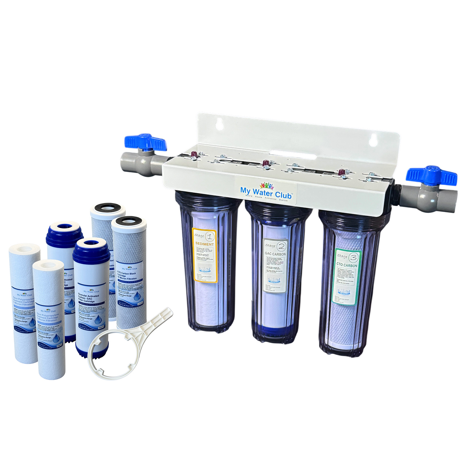 3-Stage Whole House MyWaterClub Water Filtration System, 3/4″ port with 2 valves and extra 1 year filter supply (2 sets, 6 pcs)