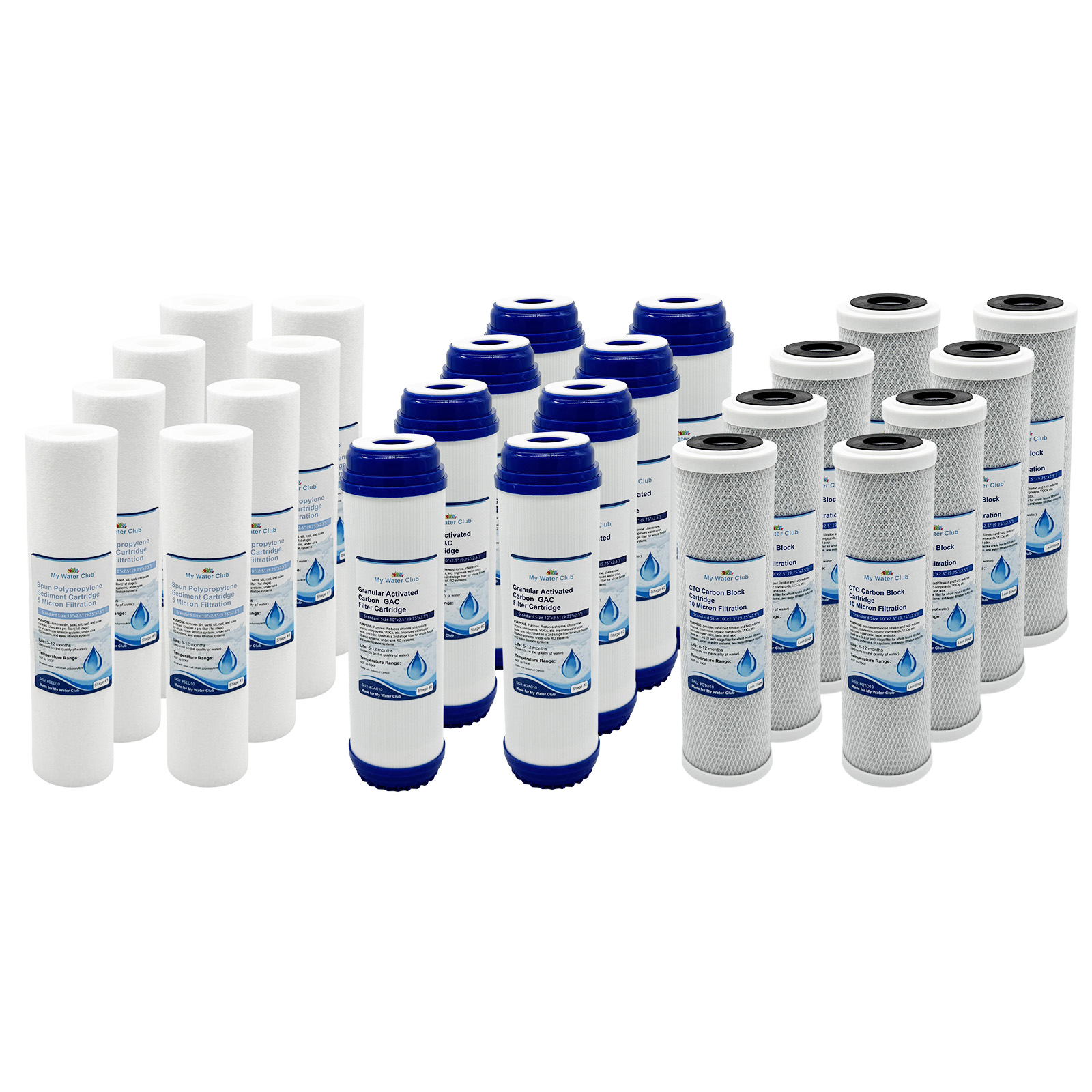 4-Year Supply (24 pcs) for 3 Stage Whole House Filtration Systems. Replacement Set of 3 filters: Sediment, GAC, Premium Activated Coconut Carbon Block (Premium Set, $16 per set)
