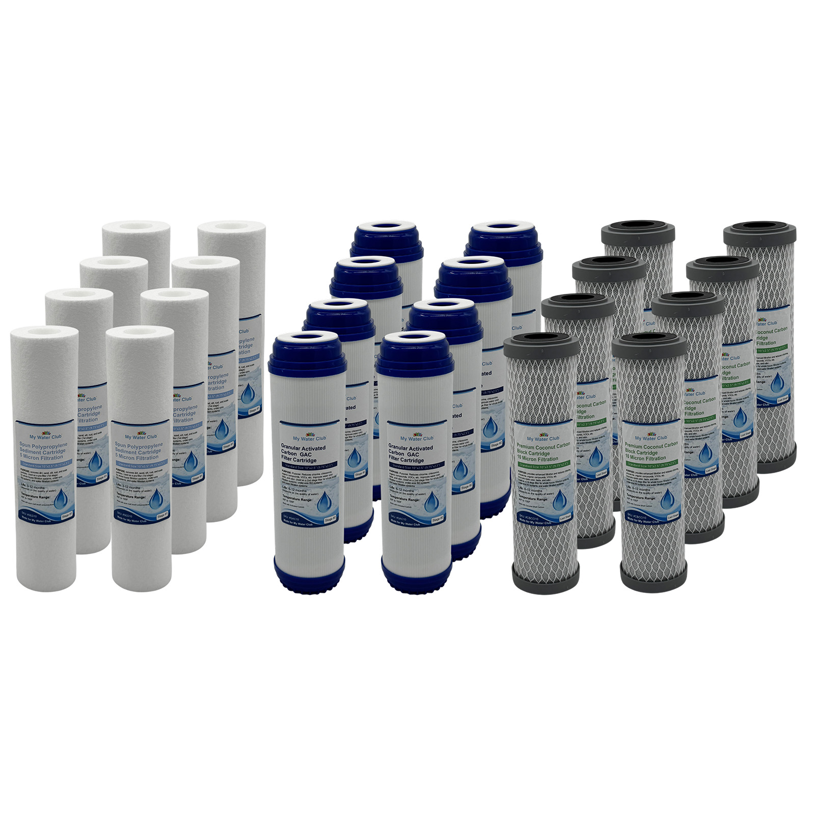 4-Year Supply (24 pcs) for 3 Stage Whole House Filtration Systems. Replacement Set of 3 filters: Sediment, GAC, Premium Activated Coconut Carbon Block (Premium Set, $16 per set)