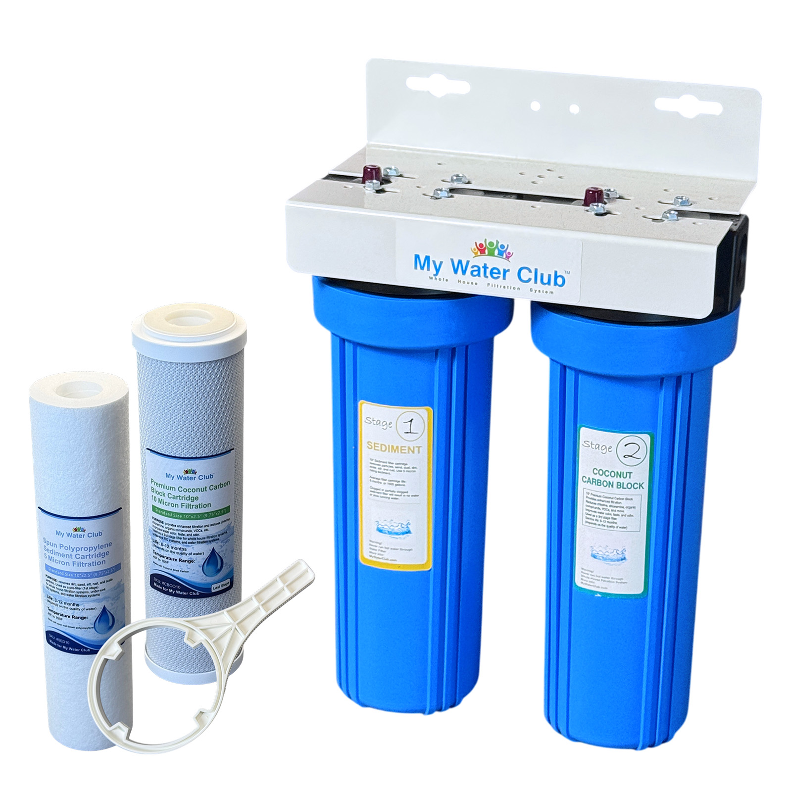 2-Stage (Dual Stage) Whole House Water Filtration System, 3/4" Inlet/Outlet, with an Extra Set of Replacement cartridges, Solid Blue Housing