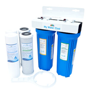2-Stage (Dual Stage) Whole House Water Filtration System, 3/4" Inlet/Outlet, with an Extra Set of Replacement cartridges, Blue Color, SKU# MWC-DUAL-BH34