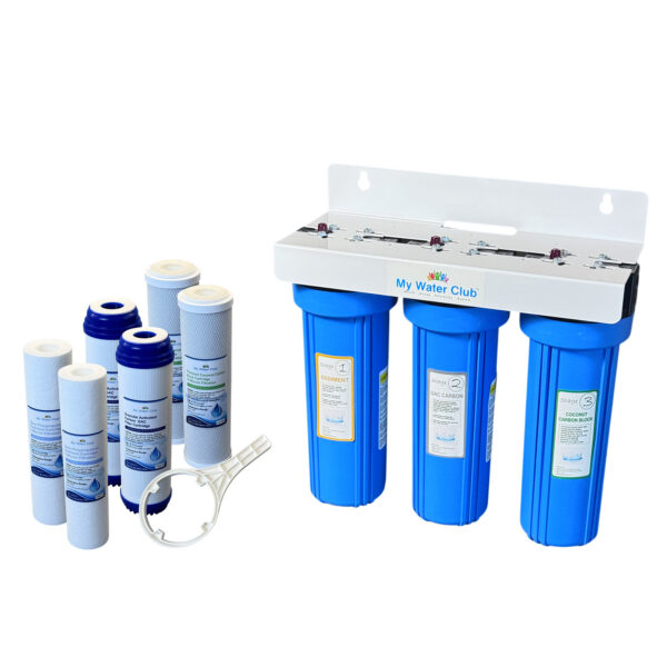 MyWaterClub MWC-WHS34B2 3-stage whole house water filter system with solid blue housings