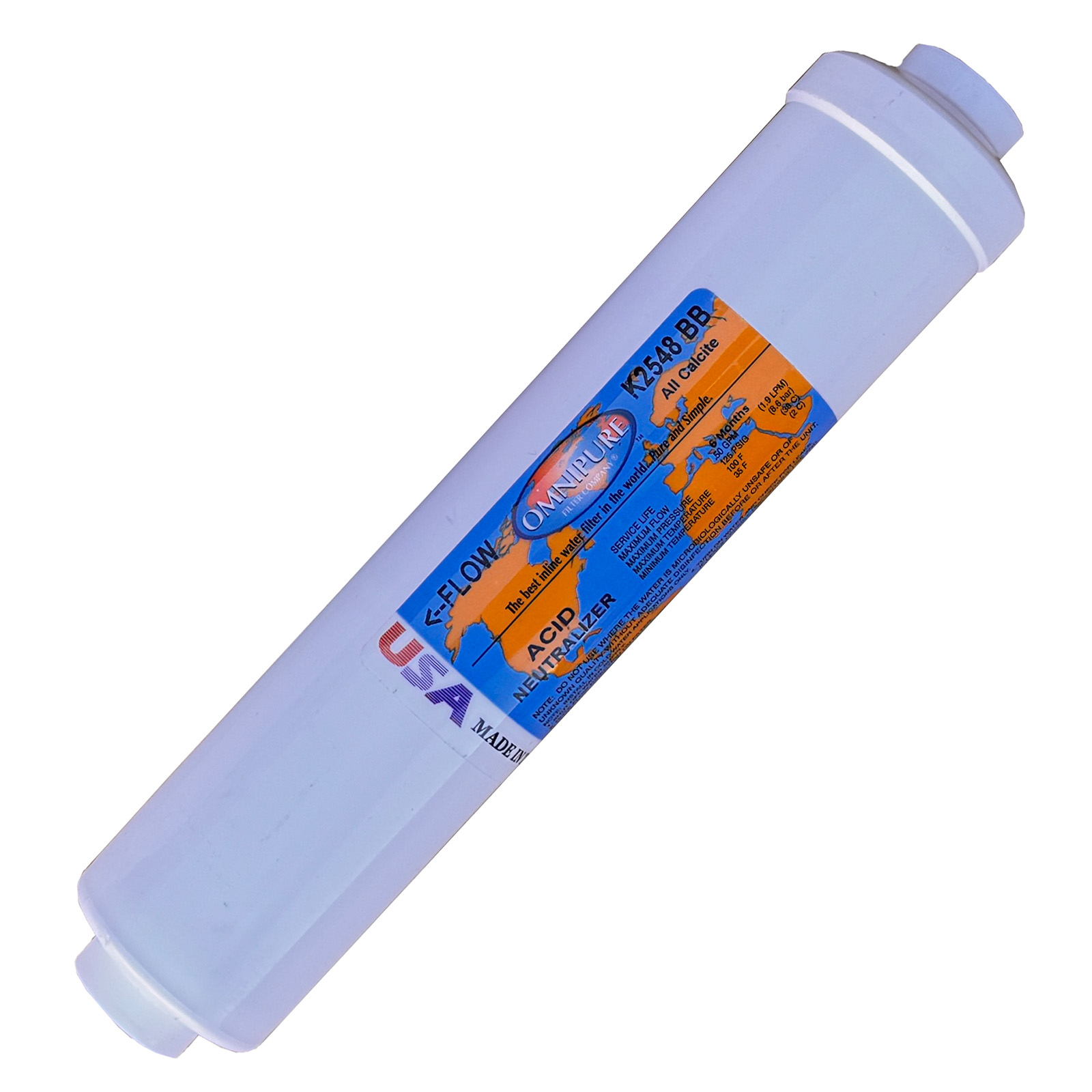 Inline K2548 Omnipure Calcite Acid Neutralizer Filter – Made in USA | 10″ × 2″ Standard Size | 1/4″ & 3/8″ OD Tubing Connections