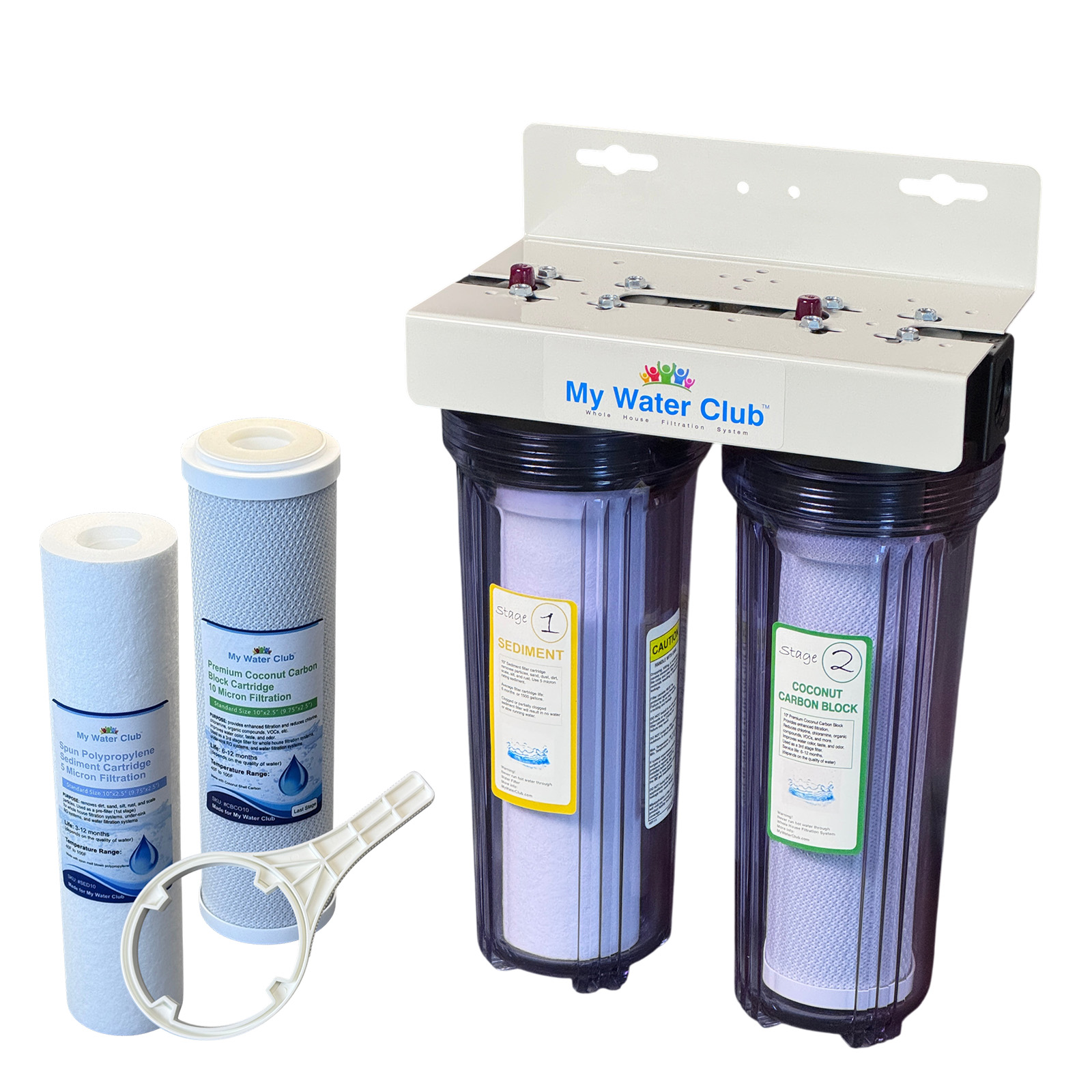 2-Stage (Dual Stage) Whole House Water Filtration System, 3/4″ Inlet/Outlet, with an Extra Set of Replacement cartridges , Clear / Translucent Housing