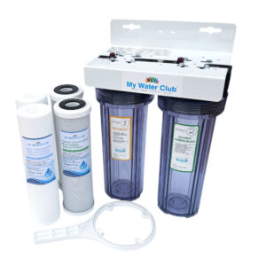 2-Stage (Dual Stage) Whole House Water Filtration System, 3/4″ Inlet/Outlet, with an Extra Set of Replacement cartridges , Clear / Translucent Housing, SKU# MWC-DUAL-CH34