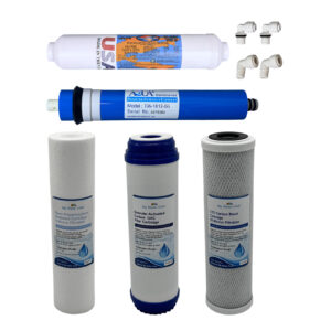 A complete 5-stage replacement set — sediment, GAC & carbon-block pre-filters, your choice of 50/75/100 GPD RO membrane, and a US-made Omnipure post-carbon