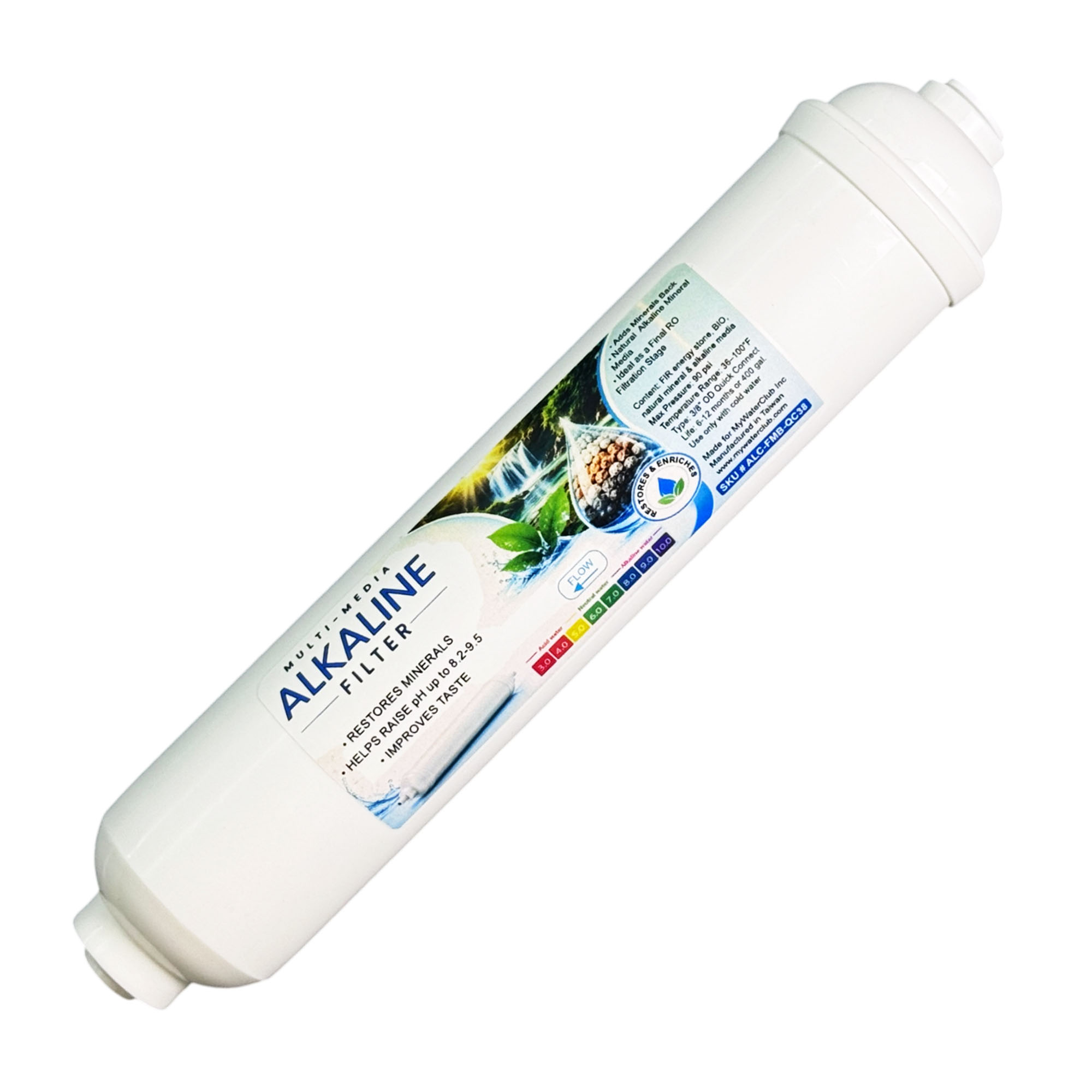MyWaterClub alkaline multi-media inline water filter, 10 x 2 inch, 3/8 inch quick connect