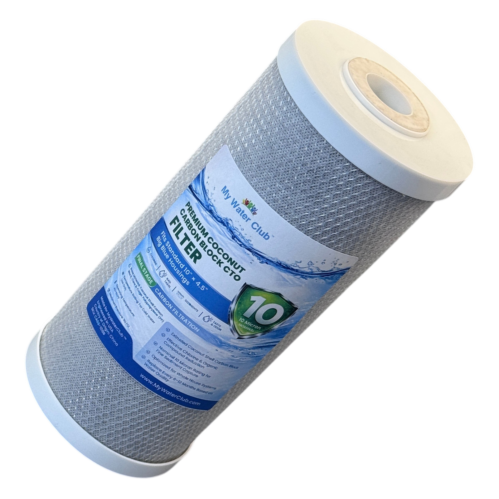 Premium Coconut Carbon Block CTO Water Filter Cartridge Big Blue. Reduces chlorine, bad taste and odor, 10 Micron, 10″ x 4.5″