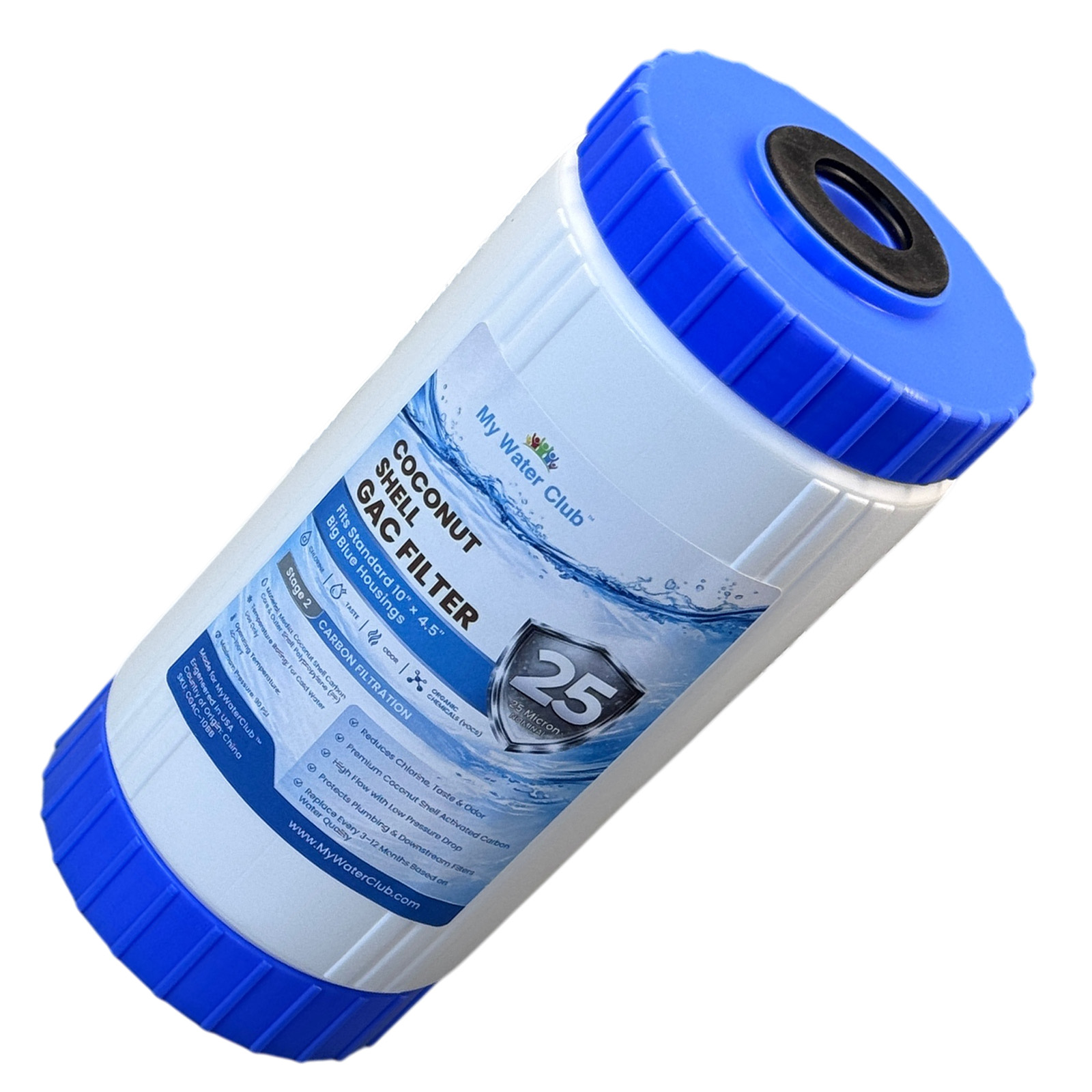 Coconut Shell GAC Water Filter Cartridge Big Blue. Reduces chlorine, taste, odor and VOCs, 25 Micron, 10″ x 4.5″