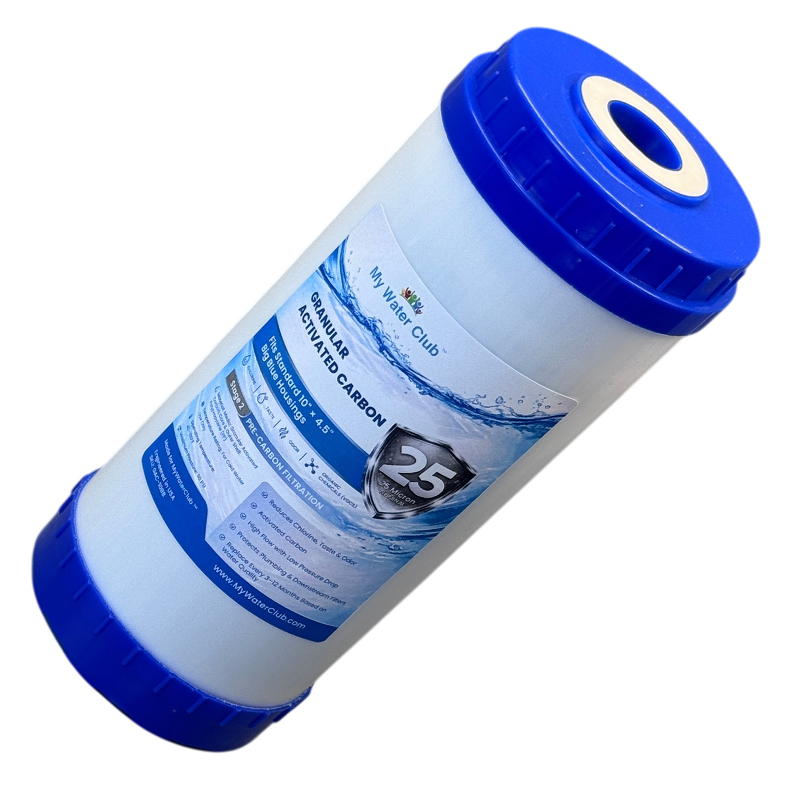 Granular Activated Carbon GAC Water Filter Cartridge Big Blue. Reduces chlorine, taste, odor and VOCs, 25 Micron, 10″ x 4.5″