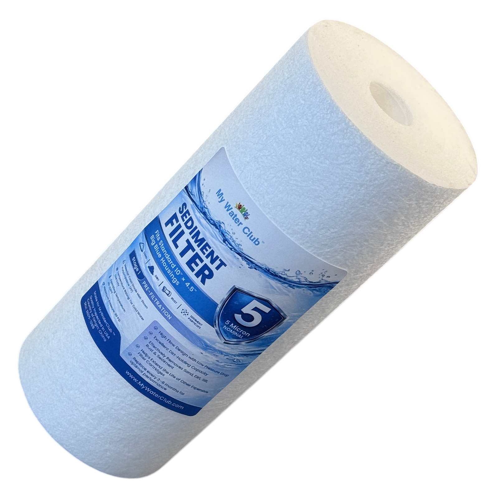 5 Micron Sediment Filter Cartridge. Removes dirt, silt, sand, rust & scale at whole-house flow rates. Big Blue 10″ × 4.5″