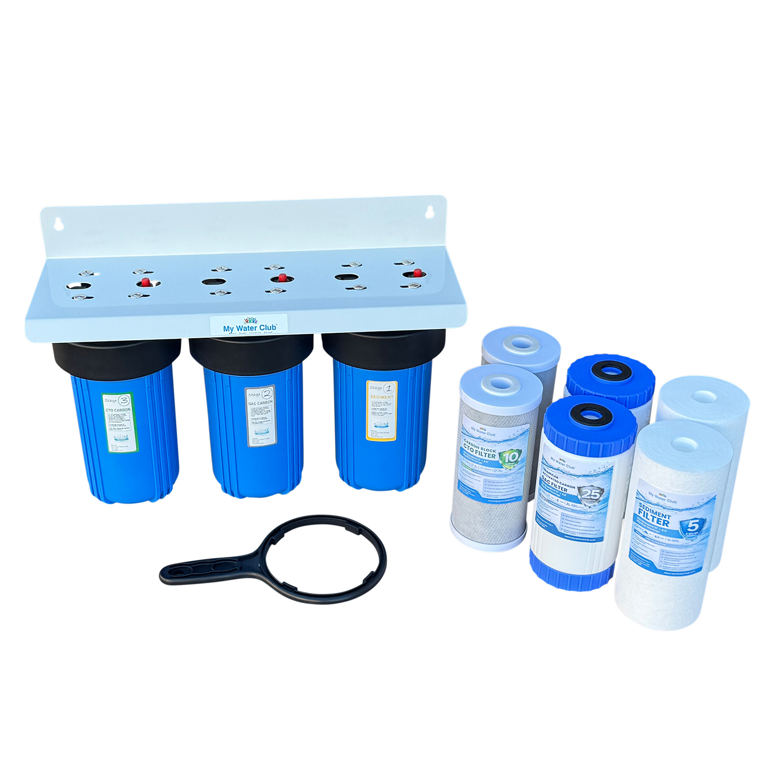 MyWaterClub 3-Stage Big Blue Whole House System 10″×4.5″ — 1″ NPT, Brass Inserts, Sediment + GAC + CTO, Extra Set