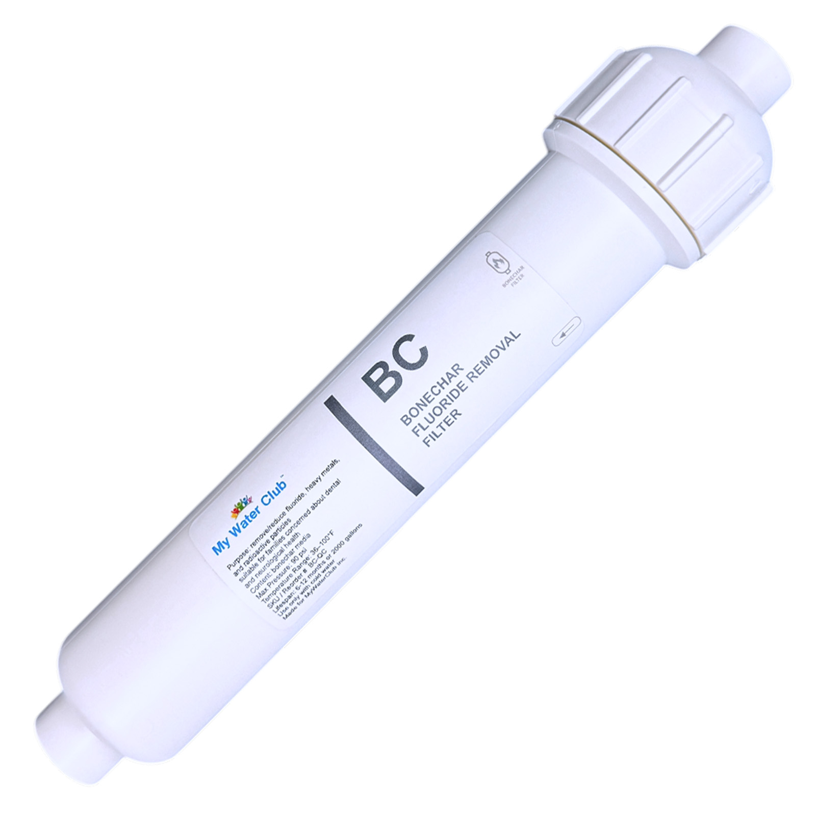 Bone char is one of the few media that meaningfully adsorbs fluoride, which is why it shows up as a dedicated stage rather than as part of a standard carbon cartridge. This 10″ × 2″ inline cartridge adds that stage to a countertop or under-sink RO system without changing anything else about the setup